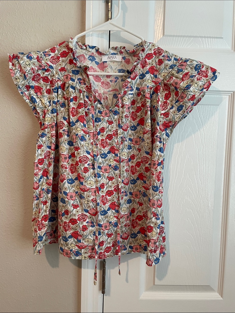 Anna Red, Pink and Blue Floral Tie-Front Flutter Sleeve Blouse